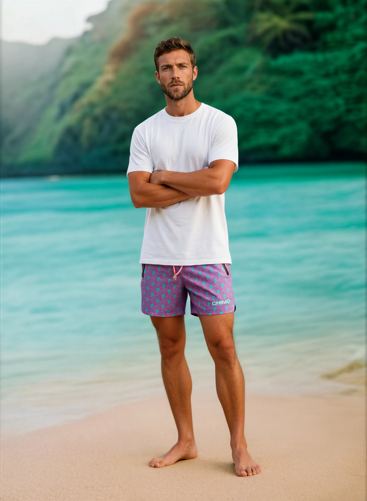 Man wearing Chimu quick-dry shorts on a tropical beach, styled for beach to boardroom